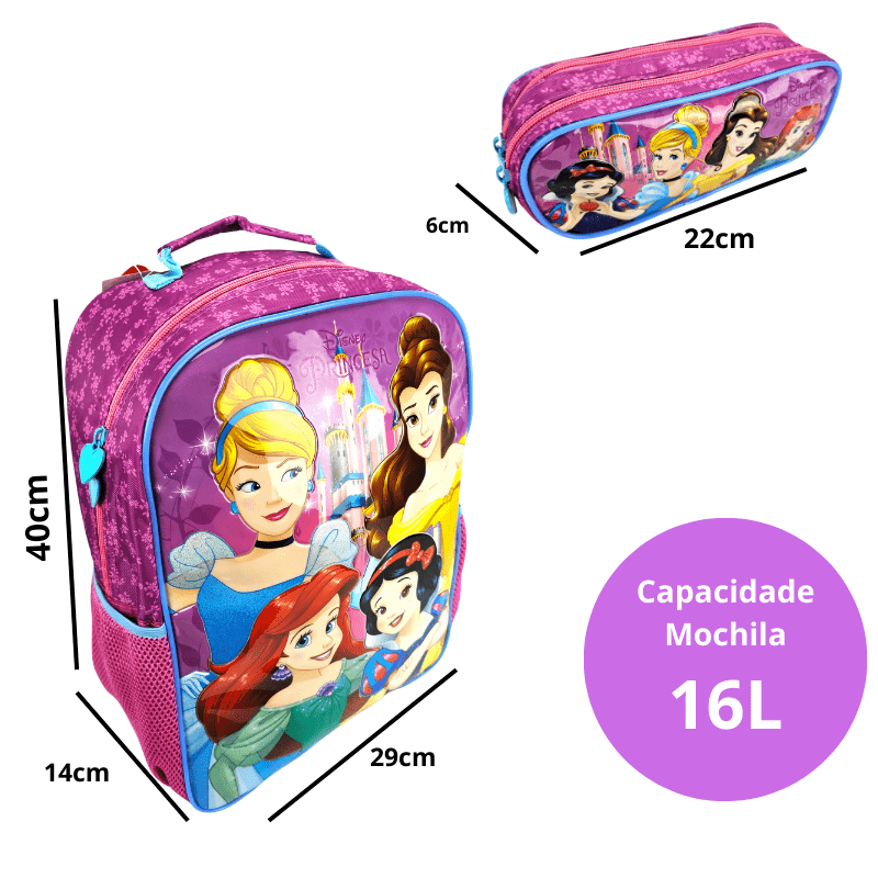 Mochila Princesas Disney Estojo Duplo Xeryus 11562 Kit Escolar Completo