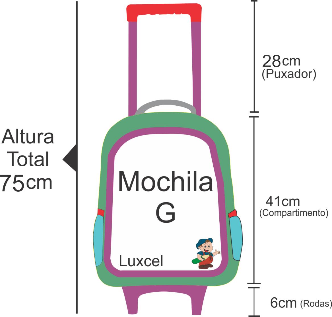 Medidas da altura da mochila de rodinha Luxcel