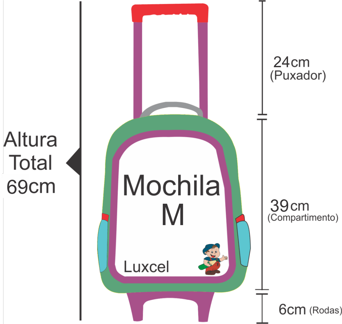 Medidas da altura da mochila de rodinha do flash tamanho m 