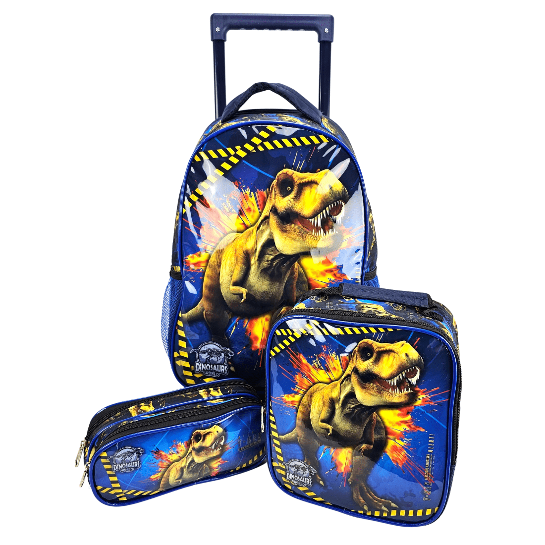 Mochila de Rodas com Alça de Costas Jurassic Dinossauro T-rex Kit Escolar com Lancheira e Estojo Seanite MR41392