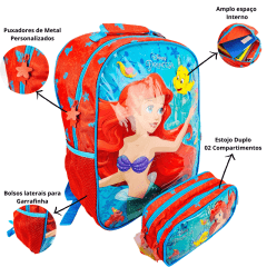 Mochila Infantil Costas Pequena Sereia Ariel com Estojo Xeryus 11492